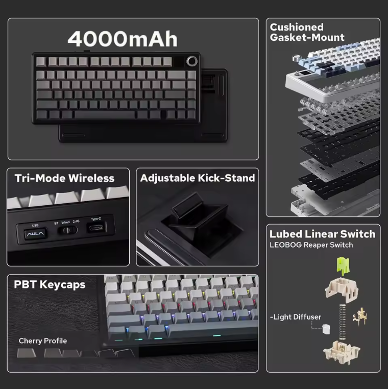 Aula F75 MAX wireless mechanical keyboard with hot-swappable switches and PBT keycaps